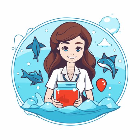 Ilustración de Ilustración vectorial de una niña con un frasco de peces en el océano. - Imagen libre de derechos