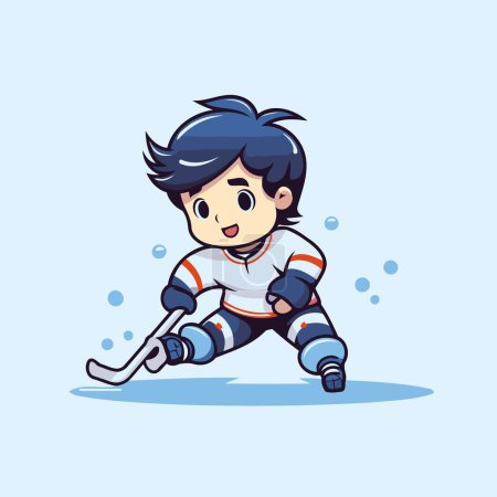 Téléchargez les illustrations : Joli garçon jouant au hockey sur glace. Illustration vectorielle. Cartoon style. - en licence libre de droit