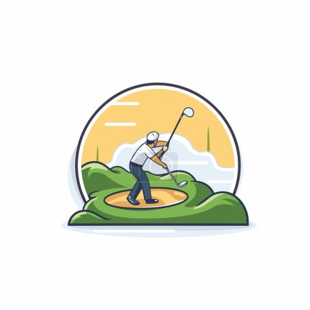 Téléchargez les illustrations : Joueur de golf frappant balle sur le terrain de golf. Illustration vectorielle de style plat. - en licence libre de droit