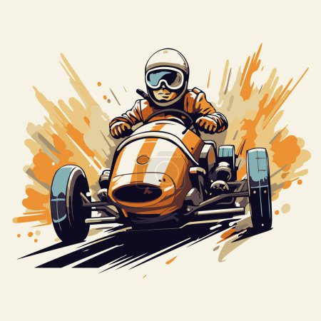 Ilustración de Motociclista en casco conduciendo un coche de carreras vintage. Ilustración vectorial. - Imagen libre de derechos