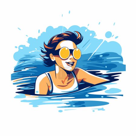 Illustration for Vector illustration of happy young woman in swimsuit and sunglasses swimming in the sea. - Royalty Free Image