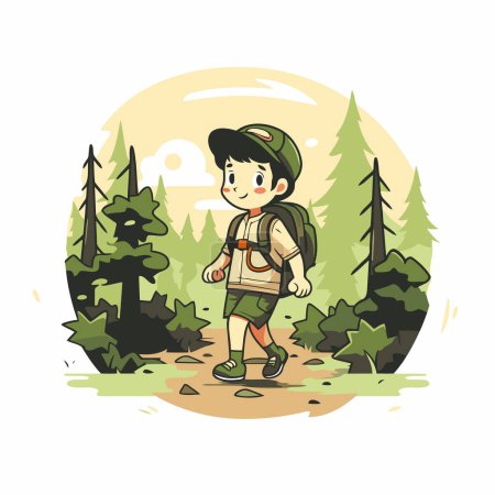 Illustration for Boy hiking in forest. Vector illustration of a boy with backpack and trekking poles. - Royalty Free Image
