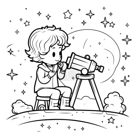 Ilustración de Niño usando un telescopio en el cielo estrellado. Ilustración vectorial. - Imagen libre de derechos
