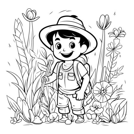 Illustration for Boy with a rake in the garden. Black and white vector illustration. - Royalty Free Image
