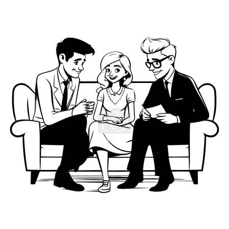 Téléchargez les illustrations : Couple d'affaires assis sur canapé avatar personnage de dessin animé noir et blanc illustration vectorielle conception graphique - en licence libre de droit
