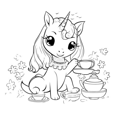 Ilustración de Lindo unicornio con una taza de té. Libro para colorear para niños. - Imagen libre de derechos