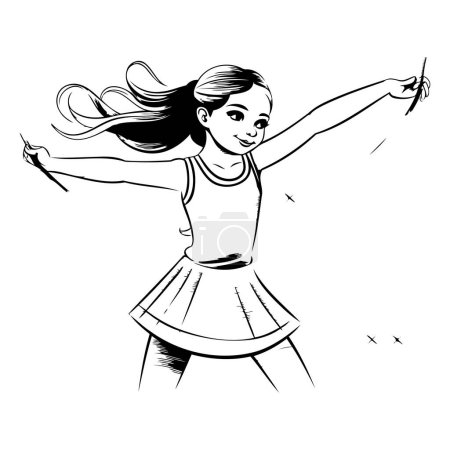 Illustration for Beautiful young girl dancing. Vector illustration in black and white. - Royalty Free Image