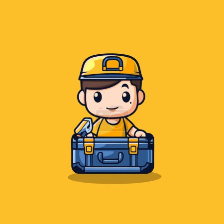 Illustration for Cute cartoon handyman with tool box isolated on yellow background. - Royalty Free Image