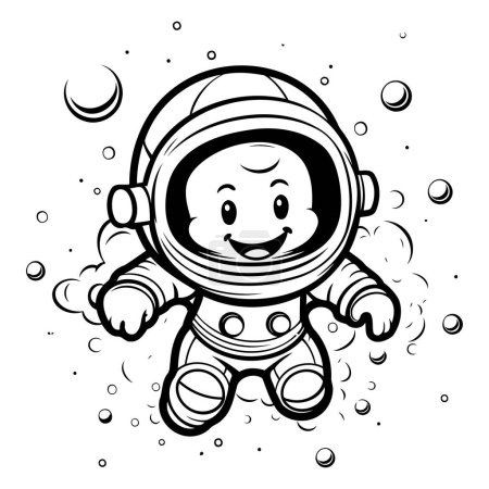 Téléchargez les illustrations : Astronaute de bande dessinée avec lune et étoiles. Illustration vectorielle noir et blanc. - en licence libre de droit