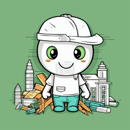 Illustration for Cute Cartoon Architect Character with Construction Site. Vector Illustration. - Royalty Free Image