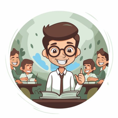 Téléchargez les illustrations : Illustration vectorielle de l'écolier heureux dans des lunettes assis au bureau avec des livres. - en licence libre de droit