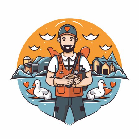 Illustration for Vector illustration of a fisherman with a fishing rod in his hand. - Royalty Free Image
