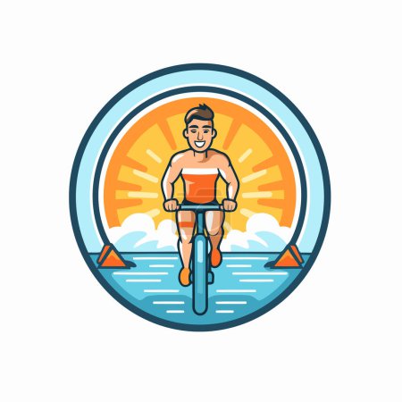Illustration for Fitness man riding bicycle on the beach. Vector illustration in flat style - Royalty Free Image