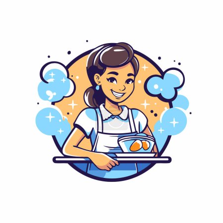 Illustration for Young waitress holding a tray with food. Vector illustration in cartoon style. - Royalty Free Image