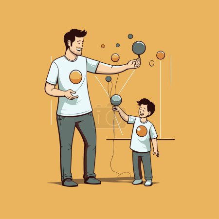 Illustration for Father and son playing with balls. Vector illustration in cartoon style. - Royalty Free Image