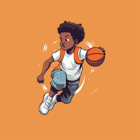 Ilustración de Niño afroamericano jugando ilustración vector de baloncesto. Personaje de dibujos animados deporte. - Imagen libre de derechos