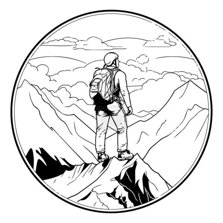 Ilustración de Caminante en la cima de la montaña. Ilustración vectorial en blanco y negro. - Imagen libre de derechos