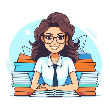 Téléchargez les illustrations : Illustration vectorielle d'une étudiante en lunettes assise à la table avec des livres. - en licence libre de droit