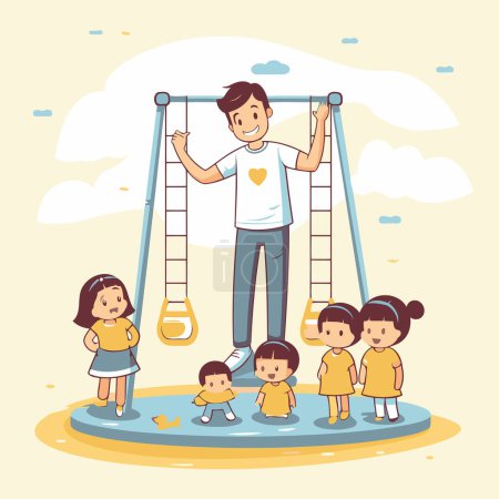 Ilustración de Feliz padre e hijos jugando en swing. Ilustración vectorial en estilo de dibujos animados. - Imagen libre de derechos