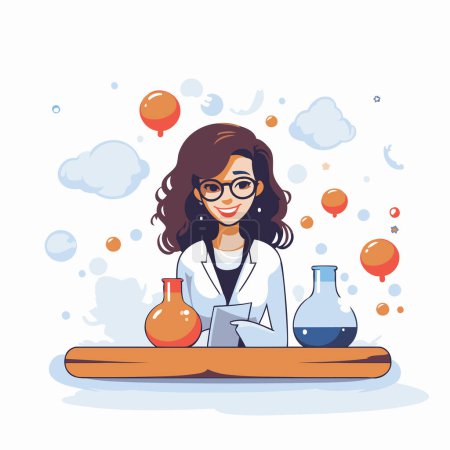 Téléchargez les photos : Scientifique femme personnage de dessin animé en blouse de laboratoire et des lunettes. Illustration vectorielle - en image libre de droit