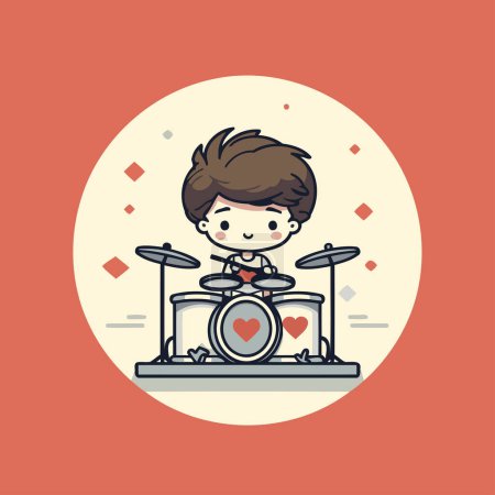 Netter Junge, der Schlagzeug spielt. Vektorillustration im Cartoon-Stil.