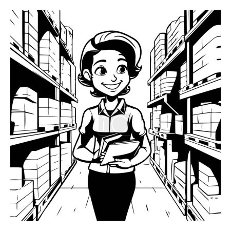 Illustration for Vector illustration of a female warehouse worker standing in front of shelves. - Royalty Free Image