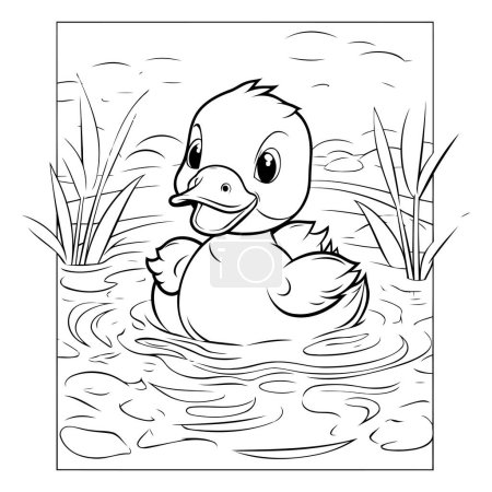 Ilustración de Página para colorear Esquema de un lindo patito nadando en un estanque - Imagen libre de derechos