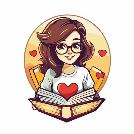 Illustration for Vector illustration of a girl reading a book with a heart in the background - Royalty Free Image