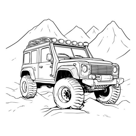 Ilustración de Vehículo todoterreno en las montañas. Ilustración vectorial en blanco y negro. - Imagen libre de derechos