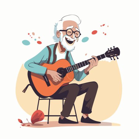 Elderly man playing guitar. Vector illustration in cartoon style.