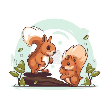 Téléchargez les illustrations : Écureuil et écureuil assis sur une pierre. Illustration vectorielle dans le style dessin animé. - en licence libre de droit