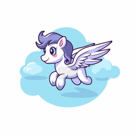 Ilustración de Lindo unicornio de dibujos animados con alas volando en el cielo. Ilustración vectorial. - Imagen libre de derechos