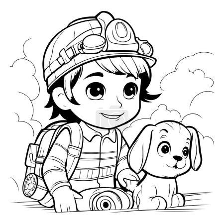 Ilustración de Ilustración de dibujos animados en blanco y negro de pequeño bombero con perro o cachorro para colorear libro - Imagen libre de derechos