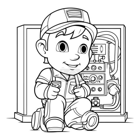 Illustration for Vector illustration of a little boy repairing a gas boiler. Coloring book for children. - Royalty Free Image