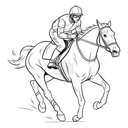 Illustration for Jockey riding a horse. monochrome vector illustration on white background - Royalty Free Image