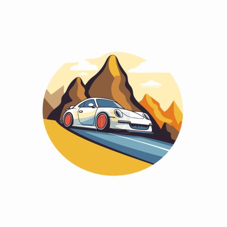 Illustration for Car on the road in the mountains. Vector illustration in flat style - Royalty Free Image