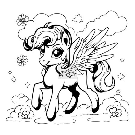 Téléchargez les illustrations : Illustration en noir et blanc d'un cheval fantastique avec des ailes volant dans le ciel Coloriage Livre - en licence libre de droit