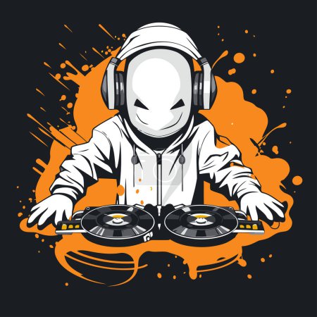 Illustration for Dj playing on turntables with headphones. Vector illustration. - Royalty Free Image
