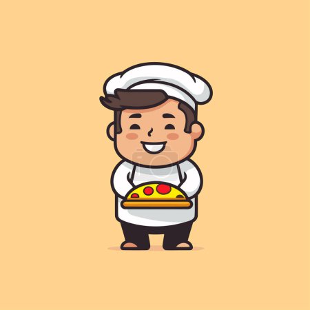 Téléchargez les illustrations : Chef de bande dessinée avec pizza. Illustration vectorielle mignonne et drôle. - en licence libre de droit