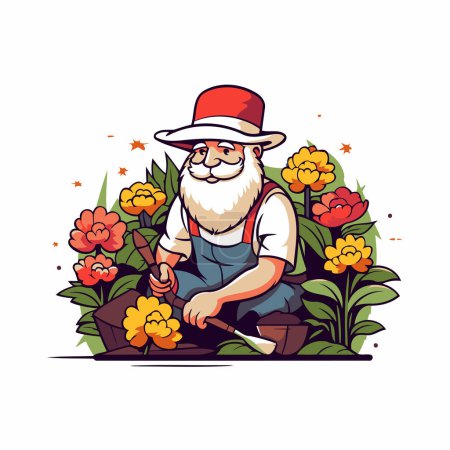 Téléchargez les illustrations : Jardinier avec fleurs et plantes. Illustration vectorielle dans le style dessin animé - en licence libre de droit