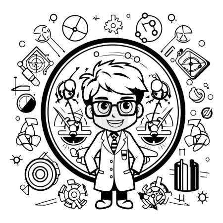 Illustration for Vector black and white illustration of boy in science lab coat and glasses. - Royalty Free Image
