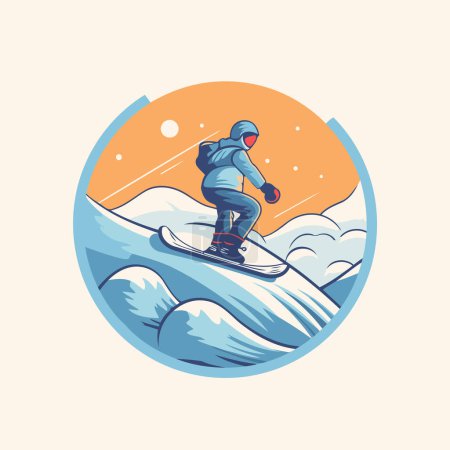 Illustration for Snowboarder in the mountains. Vector illustration in retro style. - Royalty Free Image