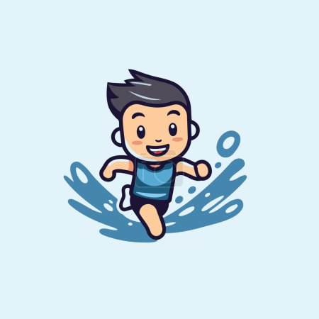Ilustración de Lindo chico corriendo sobre el agua. Ilustración vectorial. Personaje de dibujos animados. - Imagen libre de derechos