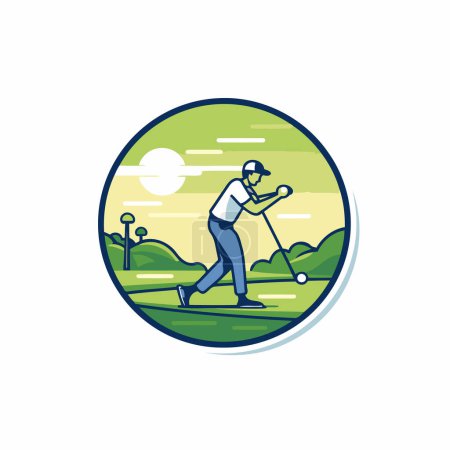 Téléchargez les illustrations : Modèle de logo club de golf. Illustration vectorielle d'un joueur de golf jouant sur un terrain de golf. - en licence libre de droit