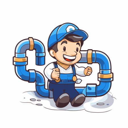 Illustration for Plumber with pipe and thumbs up. Vector illustration isolated on white background. - Royalty Free Image