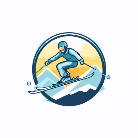 Téléchargez les illustrations : Logo de ski. Illustration vectorielle d'un skieur sautant dans les montagnes. - en licence libre de droit