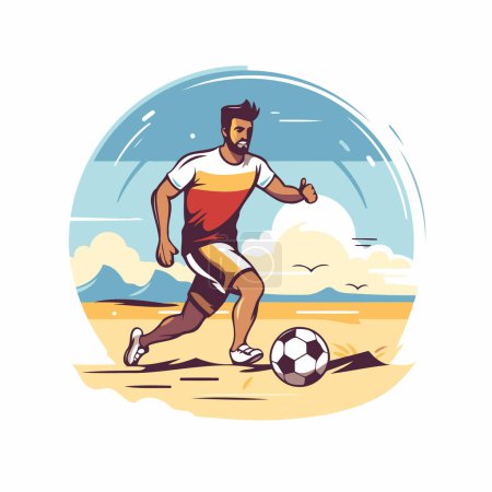 Téléchargez les illustrations : Joueur de football avec ballon sur la plage. Illustration vectorielle dans un style rétro. - en licence libre de droit