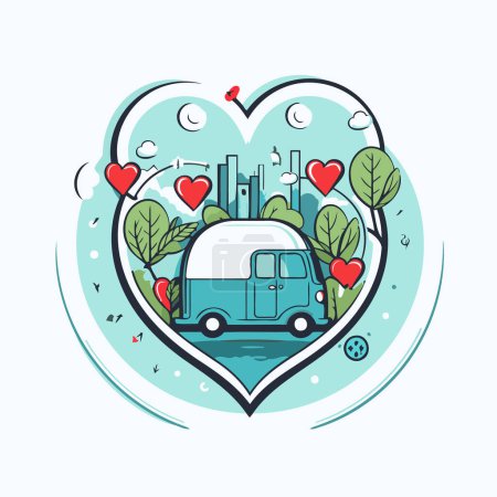 Illustration for Vector illustration of heart-shaped sticker with van. trees and hearts. - Royalty Free Image