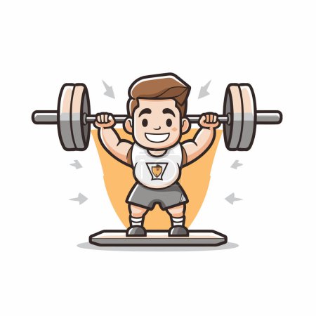 Illustration for Fitness boy lifting barbell cartoon character vector illustration. Flat design - Royalty Free Image