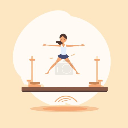 Téléchargez les illustrations : Femme pratiquant le yoga le matin. Illustration vectorielle dans un style plat - en licence libre de droit